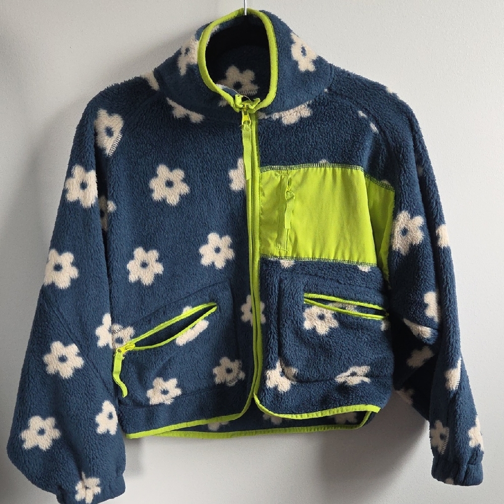 Urban Outfitters Floral Fleece Jacket - Navy and Neon Yellow